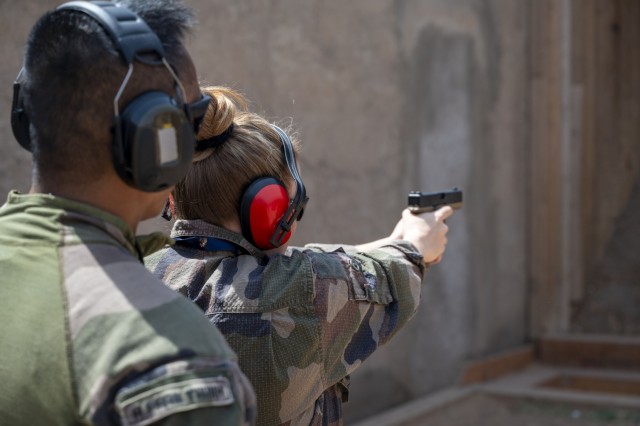 A French service member gives range instructions to U.S. Army Soldiers with the 489th Civil Affairs Battalion, Southern European Task Force, Africa near Arta, Djibouti, August 10, 2023. Members of the French and U.S. armed forces met at a...