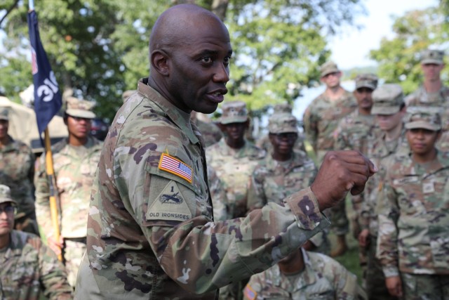 Lt. Col. Terrance Wilson, Incoming Commander for the 389th Combat Sustainment Support Battalion, addresses his new soldiers during Change of Command Ceremony at Fort Totten, New York, September 10, 2022. Lt. Col. Wilson, upon accepting the...
