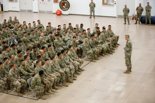 Gen. Daniel Hokanson, the Chief of the National Guard Bureau, talks to soldiers from the 1st Squadron, 221st Cavalry at Clark County Armory in Las Vegas, Nevada, Dec. 30, 2023. Hokanson was talking with cav soldiers about the state of the National Guard and what the future holds.