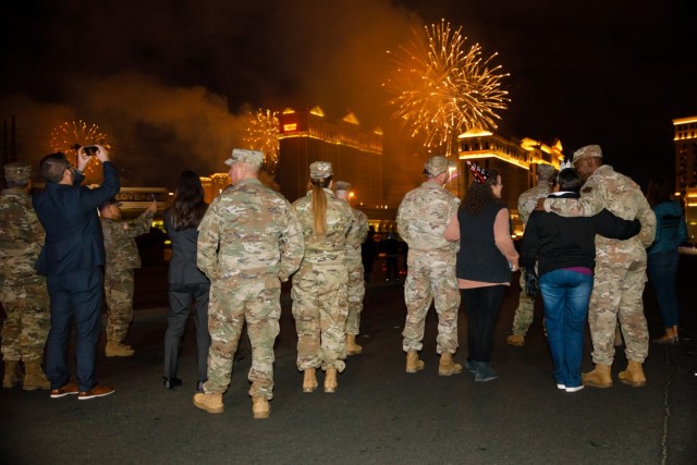 Nevada Guard leadership watch the fireworks over the Las Vegas Strip, Jan. 1, 2024. Nevada Guard leadership celebrated the new year after a successful New Year&#39;s Eve mission.