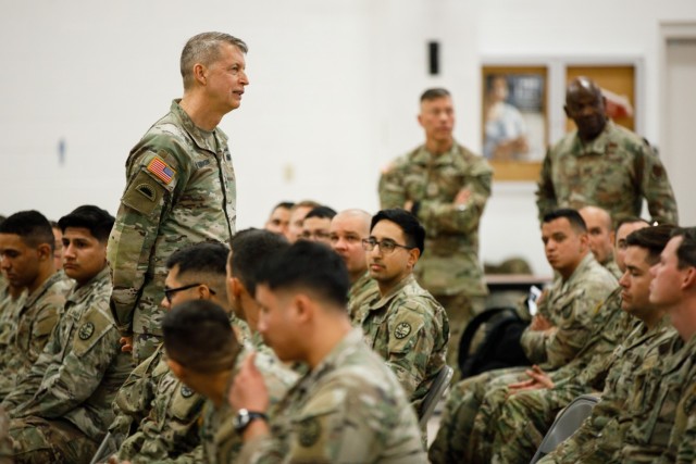 Gen. Daniel Hokanson, the Chief of the National Guard Bureau, talks with soldiers from the 1st Squadron, 221st Cavalry at Clark County Armory in Las Vegas, Nevada, Dec. 30, 2023. Hokanson met with Cav soldiers to answer their questions about the National Guard.