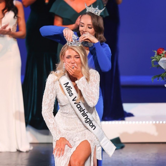 Sgt. Vanessa Munson is crowned Miss Washington, July 1, 2023 during a pageant in Olympia, Washington. Munson, a  human resources specialist with the 508th Military Police Battalion at Joint Base Lewis-McChord, went through eight ear surgeries and bullying growing up to reach her pageantry dream. 