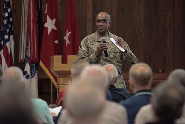 Gen. Gary Brito, commanding general of U.S. Army Training and Doctrine Command, talks recruiting challenges and ideas May 10 in the Engineer Regimental Room of the John B. Mahaffey Museum Complex with about 100 civilian aides to the Secretary of the Army. 