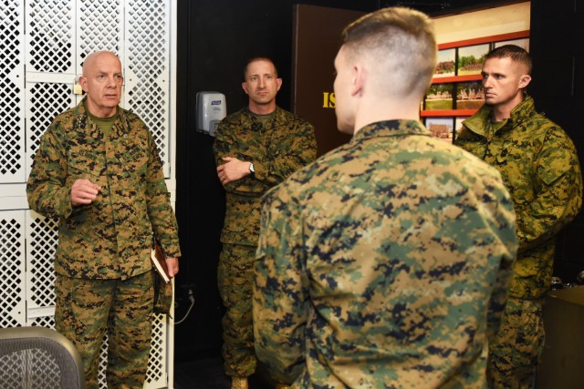Gen. David Berger, 38th Commandant of the U.S. Marine Corps, visits the Military Police Instruction Company March 9, during a visit to the Fort Leonard Wood Marine Corps Detachment.