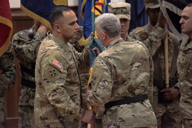Command Sgt. Maj. Jorge Arzabala (left) assumes the role of top enlisted leader at the Maneuver Support Center of Excellence and Fort Leonard Wood in a change-of-responsibility ceremony Jan. 6 in Lincoln Hall Auditorium.