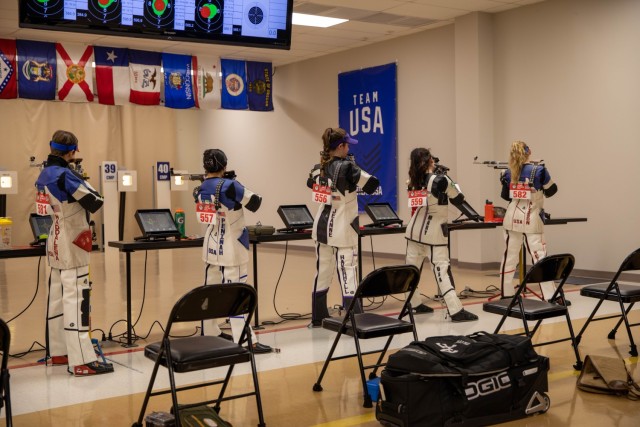 U.S. Army Sgt. Sagen Maddalena competes in the USA Shooting Air Gun Olympic Trials Part 3 at the Civilian Marksmanship Program (CMP) Judith Legerski Competition Center in Anniston, Alabama, Jan. 5-7, 2024.
...