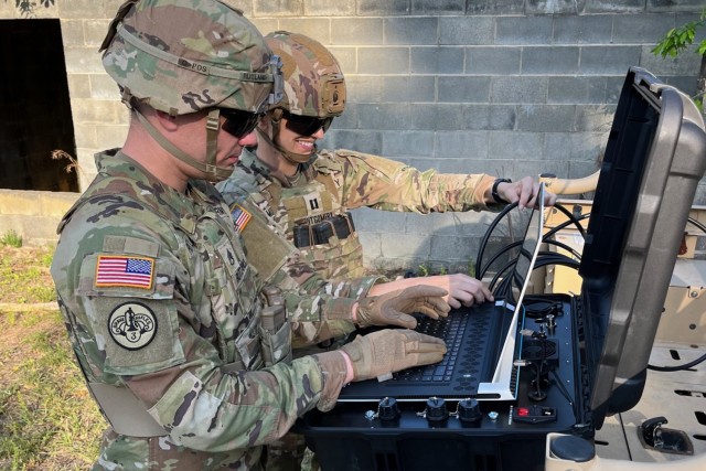 Staff Sgt. Jarrod Rutland and Capt. Paulina Montgomery, 1st Space Brigade, prepare the MRZR vehicle with the SEEKr, a newer small form factor prototype, to support and move tactically for the Ranger Regiment raid during the U.S. Army Special Operations Command’s Capabilities Exercise, April 23-27, at Fort Bragg, North Carolina.
