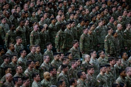 U.S. Army Soldiers with the 44th Infantry Brigade Combat Team, New Jersey Army National Guard, stand in formation during the 44th IBCT’s farewell ceremony at the Cure Insurance Arena, Trenton, New Jersey, Jan. 14, 2024. More than 1,500 NJARNG Soldiers will deploy in support of U.S. Central Command’s Combined Joint Task Force - Operation Inherent Resolve.