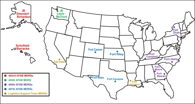 MDRS locations with corresponding AFSB headquarters