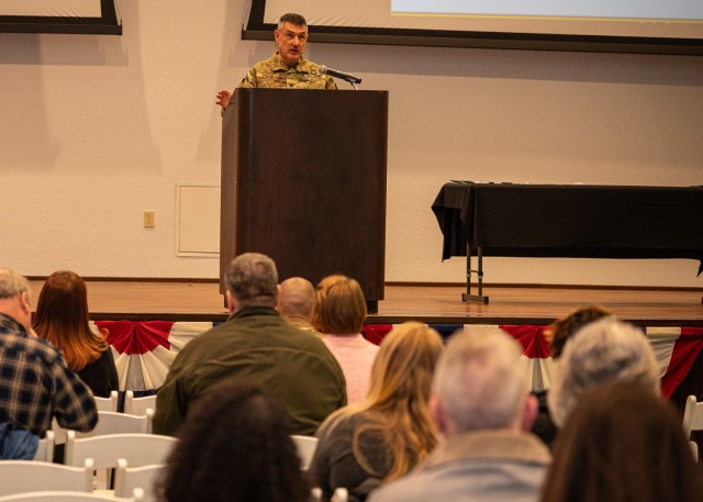 Col. Anthony Pollio, U.S. Army Garrison Fort Leonard Wood commander, speaks at a town hall for garrison employees Jan. 17 at Nutter Field House. The next employee town hall is scheduled for April 17.