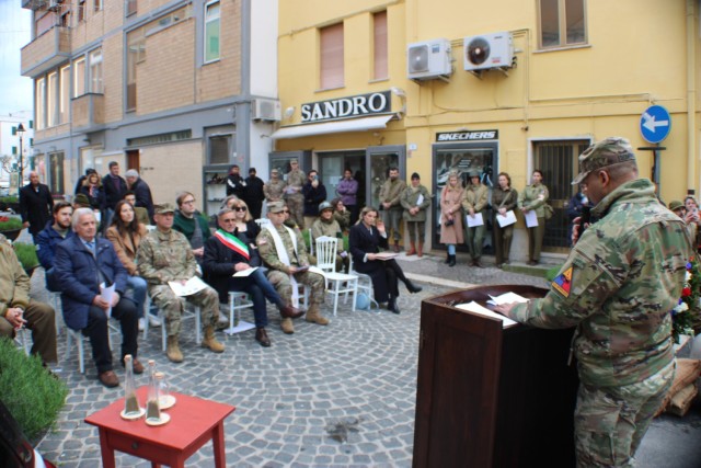 The commander of the 2nd Armored Brigade Combat Team, 1st Armored Division, gives remarks at a community event honoring the 80th anniversary of the Allied landing in Anzio-Nettuno.The 2nd Armored Brigade Combat Team, 1st Armored Division then...