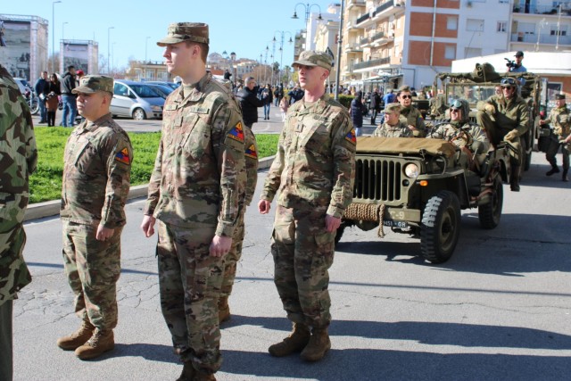 Soldiers of the 2nd Armored Brigade Combat Team, 1st Armored Division, march in the military procession through the city of Nettuno, commemorating the 80th anniversary of the Allied landings on Jan. 21, 2024. The 2nd Armored Brigade Combat Team,...