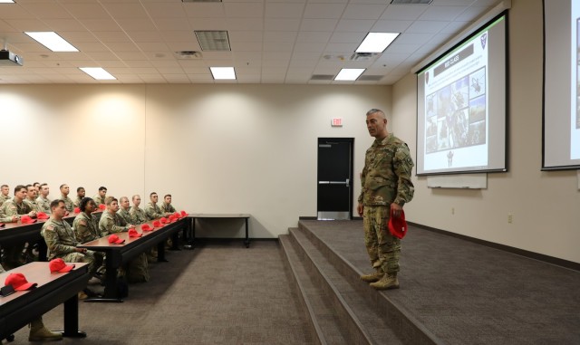 Chief Warrant Officer 5 Michael A. Corsaro, chief warrant officer of the Aviation branch, speaks to a group of flight school students about their Aviation heritage and being part of something greater than themselves at Fort Novosel, Ala.,  Nov. 6,...