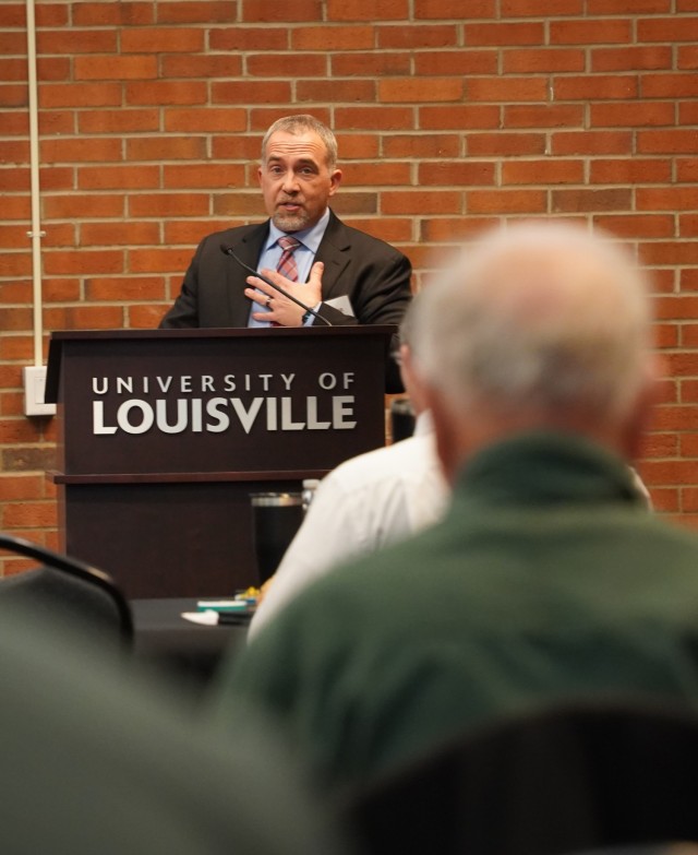 Ryan Jeffries, Chief of the Geotechnical Branch for the Louisville District, opens the 2024 Levee Safety Workshop at the University of Louisville’s Shelbyhurst campus Jan. 17. This was the first time the workshop was able to be held in person...