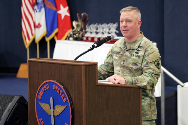 Maj. Gen. Michael McCurry, U.S. Army Aviation Center of Excellence commander and Army Aviation branch chief, provides opening comments during the 2023 Lt. Gen. Ellis D. Parker Awards ceremony during the Aviation Senior Leader Forum awards dinner Jan. 24, 2024, at Fort Novosel, Ala. (U.S. Army photo by Lt. Col. Andy Thaggard)