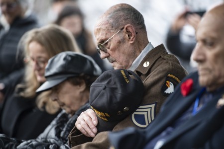 Darrell Bush, 99, a former U.S. Army Staff Sergeant and a WWII veteran of the Battle of the Bulge, attends a ceremony commemorating the 79th anniversary of the Battle of the Bulge at the Battle of the Bulge Memorial in Section 21 of Arlington National Cemetery, Arlington, Va., Jan. 25, 2024.