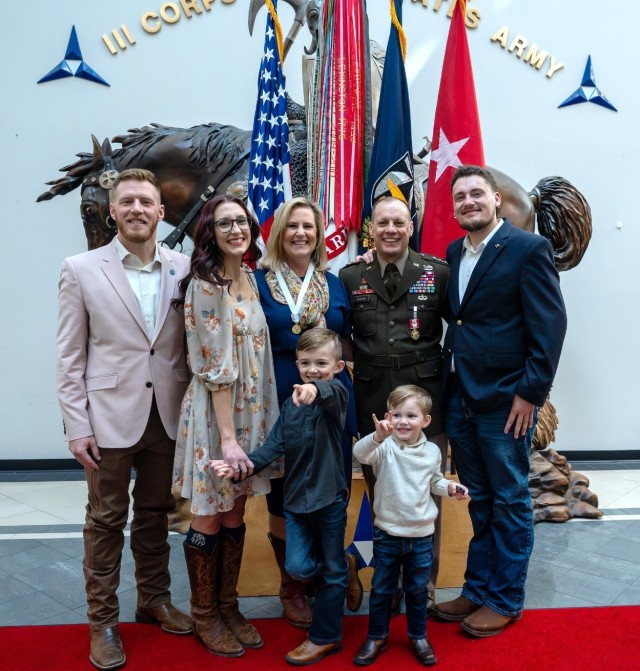 “The Army life has been a blessing,” said Lt. Gen. D. Scott McKean, pictured with members of his family at his retirement ceremony at Fort Cavazos, Texas, Jan. 19, 2024. 