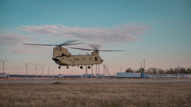 CH-47 Chinook helicopters from the 101st Airborne Division (Air Assault) arrive at the Millington-Memphis Airport to conduct refueling and resupply on January 13, 2024, during a Large-Scale Long-Range Air Assault into the Joint Readiness Training Center on Fort Johnson, LA. This exercise is intended to test and strengthen the unit's readiness. Close to 80 U.S. Army helicopters from Fort Campbell, KY will stop at several locations throughout the flight path to refuel and resupply before they assault onto the training objectives at Fort Johnson, LA. There are four forward arming and refueling points (FARPs): Millington, TN, Oxford, MS, Monroe, LA, and Alexandria, LA.