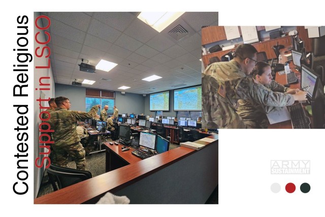 Left: Students at the Chaplain Captains Career Course train to integrate
unit ministry teams across warfighting functions in preparation
for multidomain operations on the Command Post Computing Environment
at Fort Jackson, South Carolina, Aug. 21, 2023. (Photo by
Chaplain (Capt.) Philip Tah)

Right: Students Chaplain (Capt.) Eunjun Jeong, and Chaplain (Capt.)
Amy Smith at the Chaplain Captains Career Course learn how to create
an interoperable common operating picture for religious support using
the Command Post Computing Environment at Fort Jackson, South
Carolina, Aug. 21, 2023. (Photo by Chaplain (Capt.) Nathanael Logan)