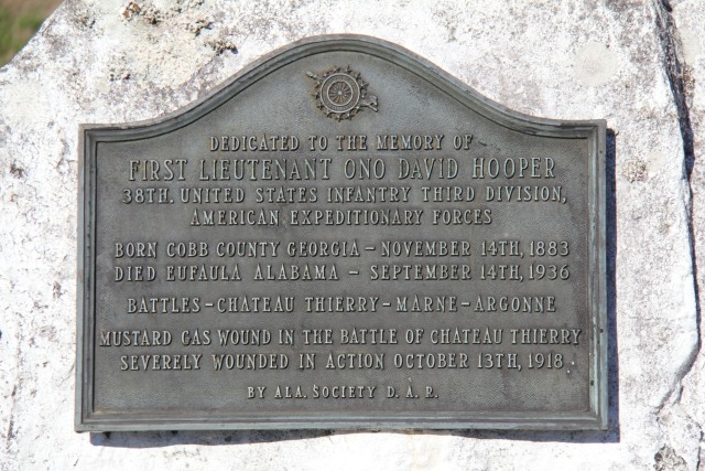 The plaque on the stone monument dedicated to the memory of 1st Lt. Ono David Hooper at Hooper Stagefield at Fort Novosel, Alabama.