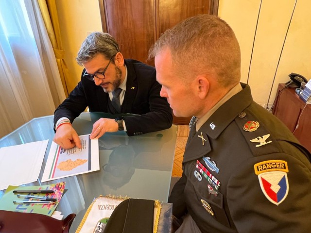 U.S. Army Garrison Italy commander Col. Scott Horrigan met with the President of the Vicenza province Andrea Nardin during an office call at the provincial seat of the 17th century Palazzo Nievo in Vicenza Jan. 24. Topics of discussion included ways to further integrate American families into the local communities.