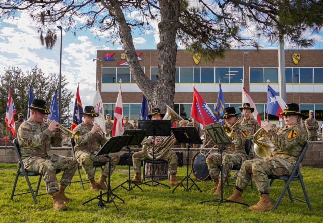 The 1st Cavalry Division Band performs during 3rd Cavalry Regiment's casing of the colors ceremony, Fort Cavazos, Texas, Feb. 01, 2024. The casing ceremony is a time-honored Army tradition that symbolizes a unit transitioning
...
