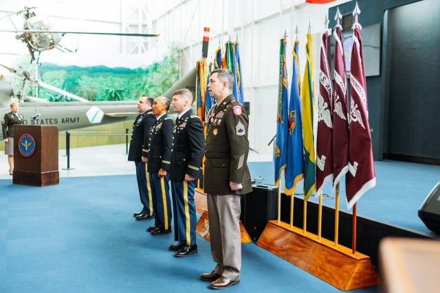 Capt. Marc J. Taylor, Chief Warrant Officer 5 Immanuel Delacruz, Chief Warrant Officer 4 Seth Armstrong, and Sgt. 1st Class Erich G. Schmitt were honored together at a retirement ceremony at the Army Aviation Museum on Feb. 2, 2024.