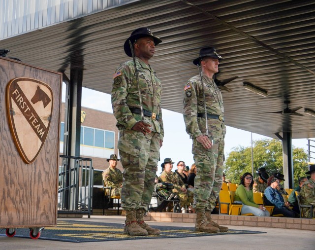 Maj. Gen. Kevin D. Admiral, 1st Cavalry Division commanding general, and Col. Jeffery Barta, 3rd Cavalry Regiment commanding officer, stand at attention during 3rd Cavalry Regiments color casing ceremony at Fort Cavazos, Texas, Feb. 01, 2024. Once...