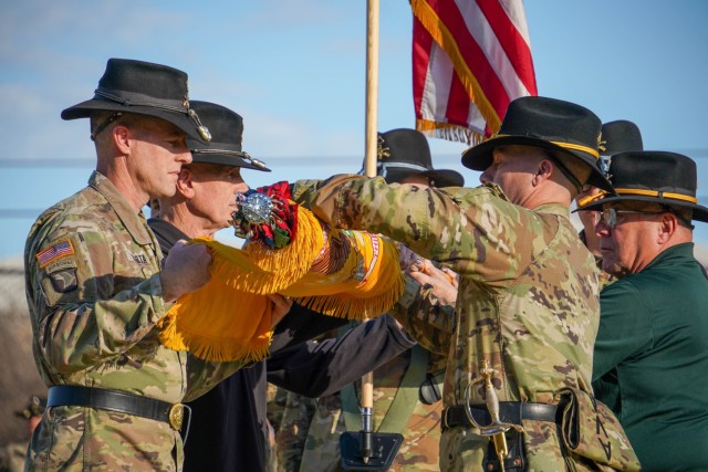 Col. Jeffrey Barta, 3rd Cavalry Regiment commanding officer, and Command Sgt. Maj. Mikeal A. Mcinroy, 3rd Cavalry Regiment command sergeant major, case the regiment's colors at Fort Cavazos, Texas, Feb. 01, 2024. The casing ceremony is a...
