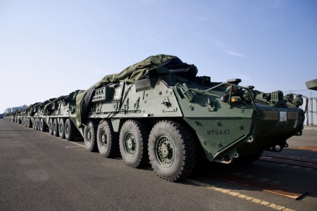 A Stryker vehicle belonging to the 3rd Cavalry Regiment sits in a lot at the Port of Pohang, Republic of Korea after being unloaded off the MV Green Lake on January 30, 2024.