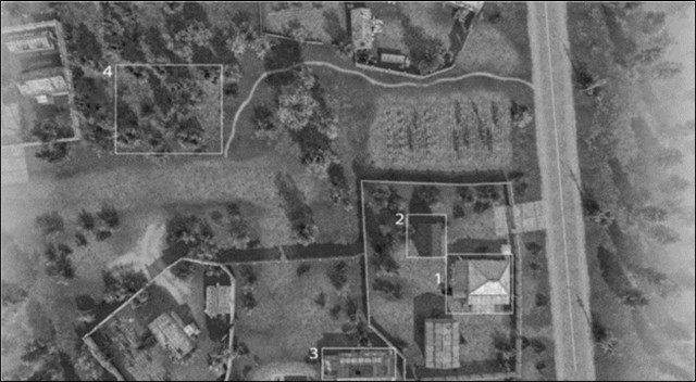 Figure 1. Placement of a CP battalion in a village. 1. Location of the battalion commander and operations; 2. Generator room; 3. Location of personnel not on shift; 4. Location of deployed battalion C
