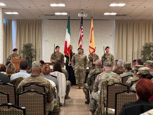 Command Sgt. Major Ricardo Moreno gives his remarks at his assumption of responsibility ceremony for U.S. Army Garrison Italy at the Golden Lion on Caserma Ederle Feb. 6, 2024.