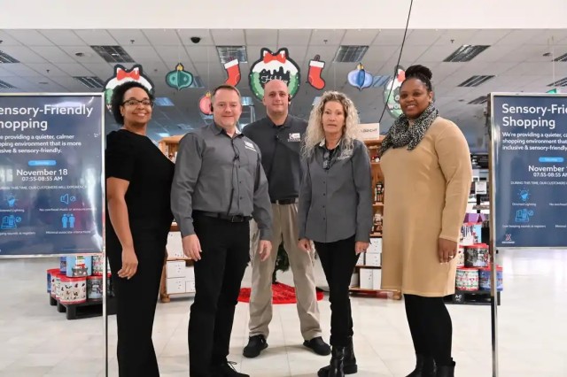 Stuttgart&#39;s Exchange management team, seen here during the inaugural Sensory-Friendly Shopping hour Nov. 18, 2023 at the Panzer Kaserne PX, are eager to provide an inclusive shopping environment that&#39;s more comfortable for those who would otherwise hesitate to visit the store during its busy regular operations.