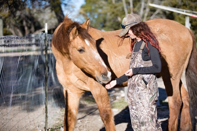 Tiffany Zeitouni, Hoofbeats for Heroes founder, lets Comanche take some food from her hand Jan. 9, 2024, at Belton Lake Outdoor Recreation Area Ranch. (U.S. Army photo by Blair Dupre, Fort Cavazos Public Affairs)