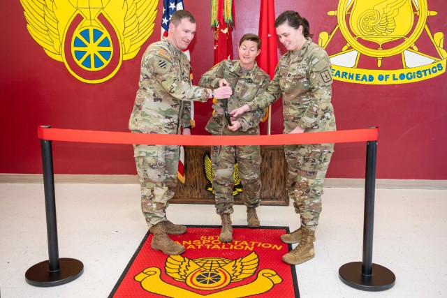 From left: Lt. Col. Steven Robinette, 58th Transportation Battalion commander; Brig. Gen. Beth Behn, Army Transportation Corps chief; and Capt. Kathleen Cylkowski, nurse practitioner and officer in charge of the battalion’s new U.S. Army...