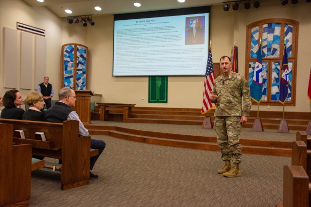 Brig. Gen. David Foley, Provost, The Army University, speaks to the crowd during Dr. Jack Kem&#39;s, Dean of Academics, Command and General Staff College, retirement ceremony at the Frontier Chapel.