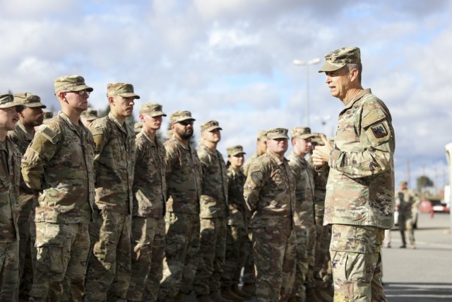 Army Gen. Daniel Hokanson, chief, National Guard Bureau, meets with Arkansas Guardsmen assigned to Task Force Bowie, 39th Infantry Brigade Combat Team, on rotation overseeing training with the Joint Multinational Training Group-Ukraine, Grafenwoehr, Germany, Oct. 21, 2023. (U.S. Army National Guard photo by Sgt. 1st Class Zach Sheely)