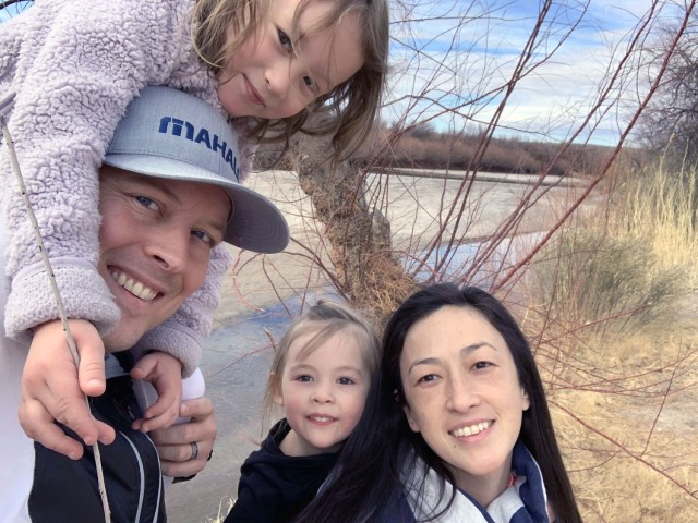 Maj. Andrew Collins, an intelligence officer at the Pentagon, his daughter, Ellie, 8, and Sophia, 7, and his wife, Maj. Liz Collins, an intelligence officer, Defense Intelligence Agency, Joint Base Anacostia-Bolling, Washington, D.C., enjoy a hike in Maryland.