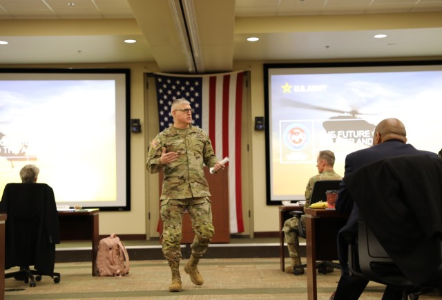 Army Lt. Gen. Paul Chamberlain, the military deputy for budget, Office of the Assistant Secretary of the Army for Financial Management and Comptroller, speaks Feb. 8 about “The Future of the Finance Soldier and the Audit” at the U.S. Army Forces Command Audit Summit on Fort Liberty, N.C. 