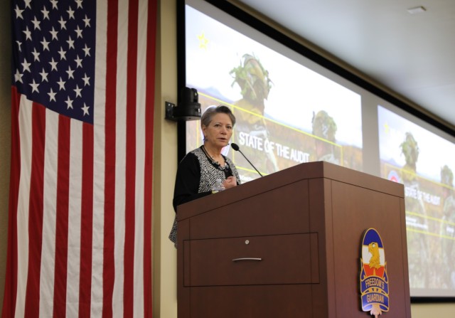 The Hon. Caral Spangler, Assistant Secretary of the Army (Financial Management and Comptroller) discusses Feb. 8 the importance of the Army’s audit efforts at meeting sponsored by U.S. Army Forces Command on Fort Liberty, N.C.