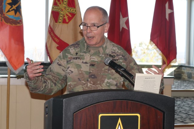 Chaplain (Col.) Harry Huey Jr., who serves as the chief of the Policy and Government Affairs Division in the Office of the Chief of Chaplains, discusses being thankful even through hardship during the annual Thanksgiving Prayer Luncheon Nov. 17,...