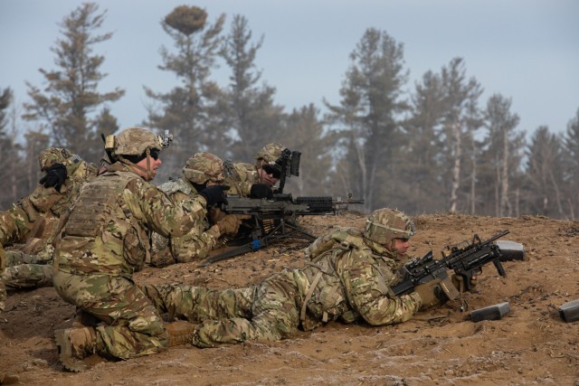 Soldiers from 2nd Battalion, 22nd Infantry Regiment, 1st Brigade Combat Team, 10th Mountain Division, conduct a combined-arms live-fire exercise Feb. 6, 2024, on Fort Drum, New York. Combined-arms live-fire exercises provide a unique opportunity to validate combat effectiveness and the ability to thrive and operate in austere environments. (U.S. Army photo by Spc. Salvador Castro)