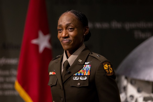 Amanda Azubuike is overcome with emotion during her promotion ceremony to brigadier general at Fort Knox, Ky., on Oct. 28, 2022. Azubuike assumed command as the deputy commanding general of U.S. Army Cadet Command where she oversees the command&#39;s 274 senior ROTC programs and 30,000 cadets. An immigrant of the United Kingdom, Azubuike has a diverse heritage from Nigeria and Zimbabwe.