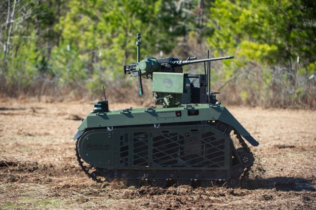 The Milrem THeMIS, a Dutch and German ground-based system combining an unmanned ground vehicle (UGV) and a remote-controlled weapon station designed to enhance the firepower of dismounted units, participates in the 2024 Army Expeditionary Warrior Experiment Jan. 29, 2024, at McKenna Range, Fort Moore, Ga. 