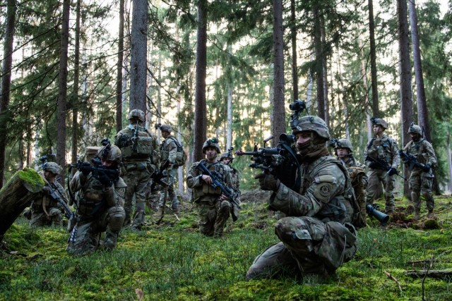 U.S. Soldiers, assigned to the 2nd Cavalry Regiment (2CR), 2nd Squadron, secure a perimeter during a Simulated Training Exercise (STX) held by 2CR at Vilseck, Germany Feb. 5, 2024. The STX engages in platoon-level training within field and urban...