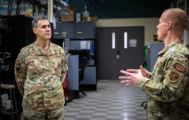 Lt. Gen. Marc Sasseville listens as Capt. Josh Hunsinger briefs on daily operations, missions, and the proud heritage of the Communications Squadron, Bangor Air National Guard Base, Maine, Feb. 3, 2024. Sasseville toured the Wing and met with the...