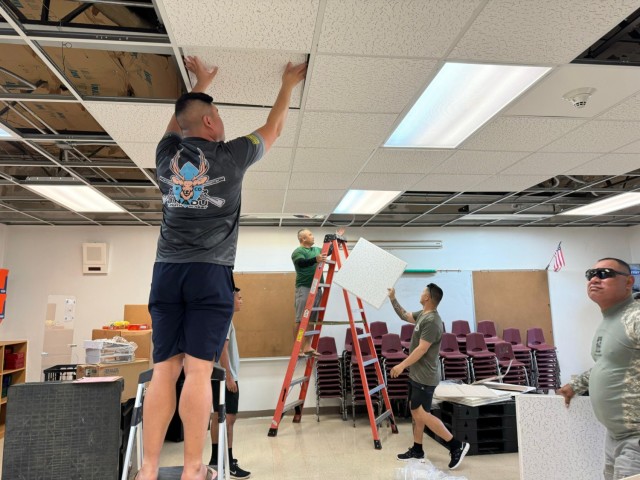 Soldiers from the Guam National Guard’s Bravo Company, 1-294th Infantry Regiment (Chamorri Battalion), activated as Team Binadu under Task Force Talon, helped Adacao Elementary School prepare for inspection Feb. 7, 2024. The school was damaged...