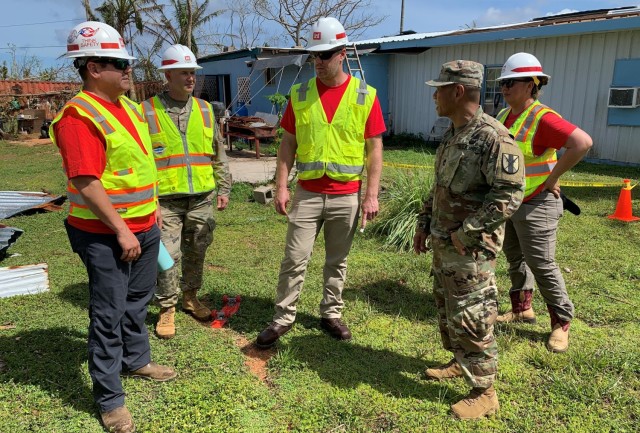 The U.S. Army Corps of Engineers, in partnership with Joint Task Force RISEUP, conducts the first temporary roofing repair following Typhoon Mawar June 10 in Dededo, Guam. The U.S. Department of Defense, USACE, in coordination with the Guam Homeland Security/Office of Civil Defense, the Federal Emergency Management Agency and the Mayor’s Council of Guam, launched Roofing Installation Support Emergency Utilization Program, or RISEUP, to help temporarily repair metal roofs damaged by Typhoon Mawar.