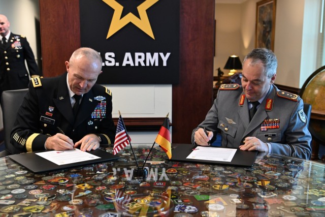 U.S. Army Chief of Staff Gen. Randy A. George meets with his German counterpart, Lt. Gen. Alfon Mais to sign the Strategic Vision Statement between the German and United States armies, Feb. 1, 2024.