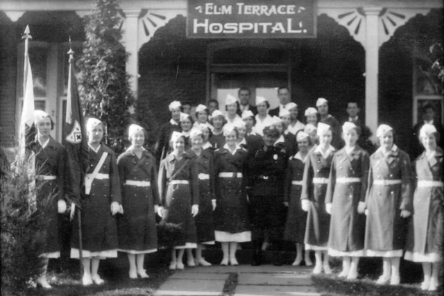 Staff members of Elm Terrace Hospital in Lansdale, Pa., stand outside its front doors for a photo. The hospital was founded in 1934 by Dr. Frank Boston, a World War I Army veteran.